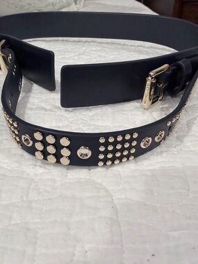 Michael Kors New Women's Navy Blue Gold Studded Double Buckle Leather Belt
